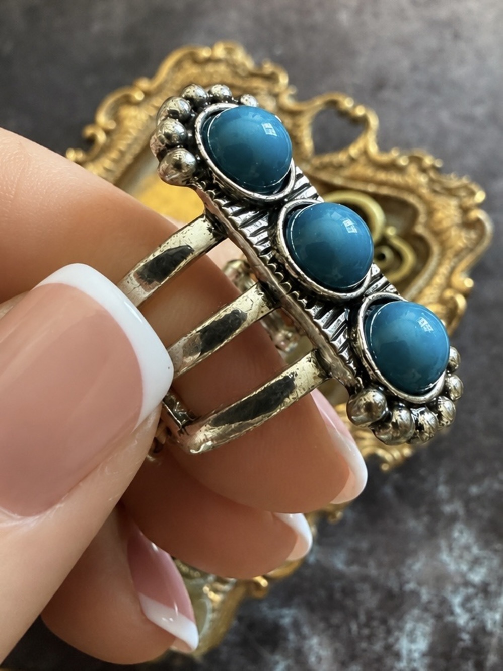 ANTHROPOLOGIE • Silver Triple Turquoise Cabochon Statement Festival Boho Ring - Picture 3 of 8